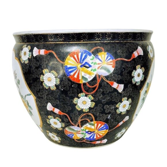 Ceramic Chinese Chinoiserie Fishbowl Floral Bird Motif Vintage Bowl Planter - Picture 5 of 9